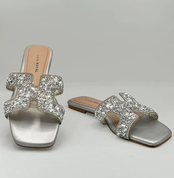 Silver Muse glitter sequin H-strap flat slide sandals pair women Pakistan – Laal Mahal