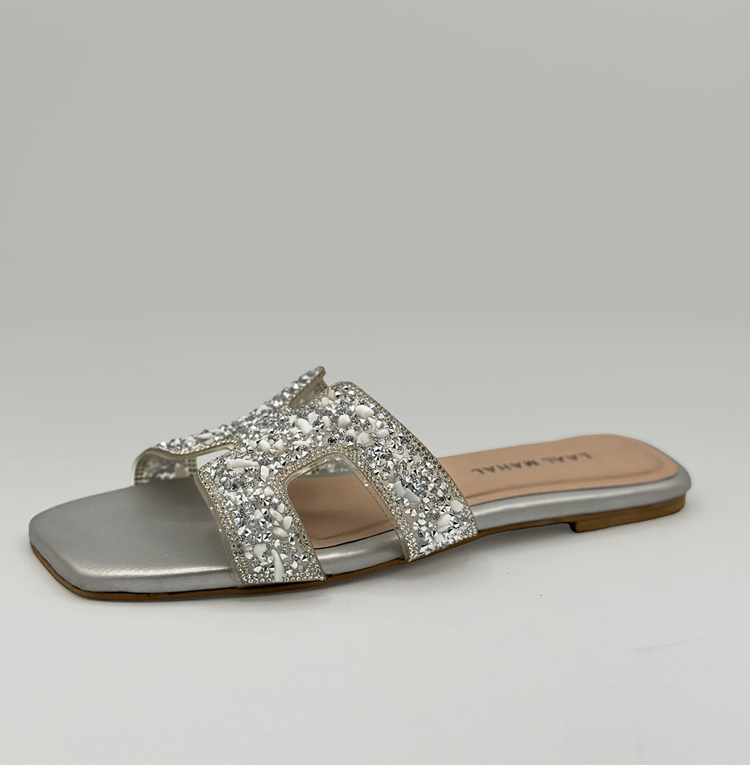 Silver Muse glitter sequin H-strap flat slide sandal single side view women Pakistan – Laal Mahal