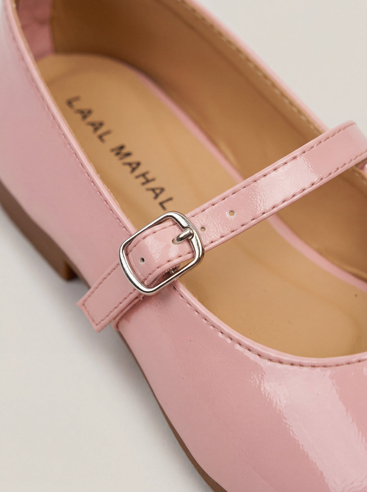 Soft pink Mary Jane flat shoes buckle strap close up detail – Laal Mahal Pakistan
