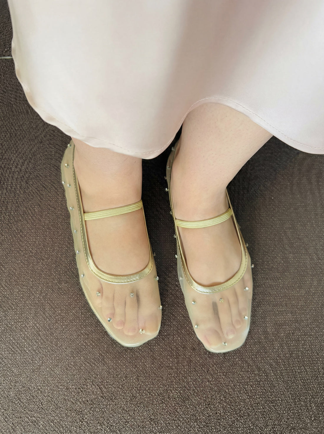 Twinkle Steps gold studded mesh ballet flat shoes worn with pink dress Pakistan — Laal Mahal