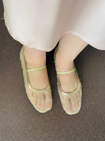 Twinkle Steps gold studded mesh ballet flat shoes worn with pink dress Pakistan — Laal Mahal