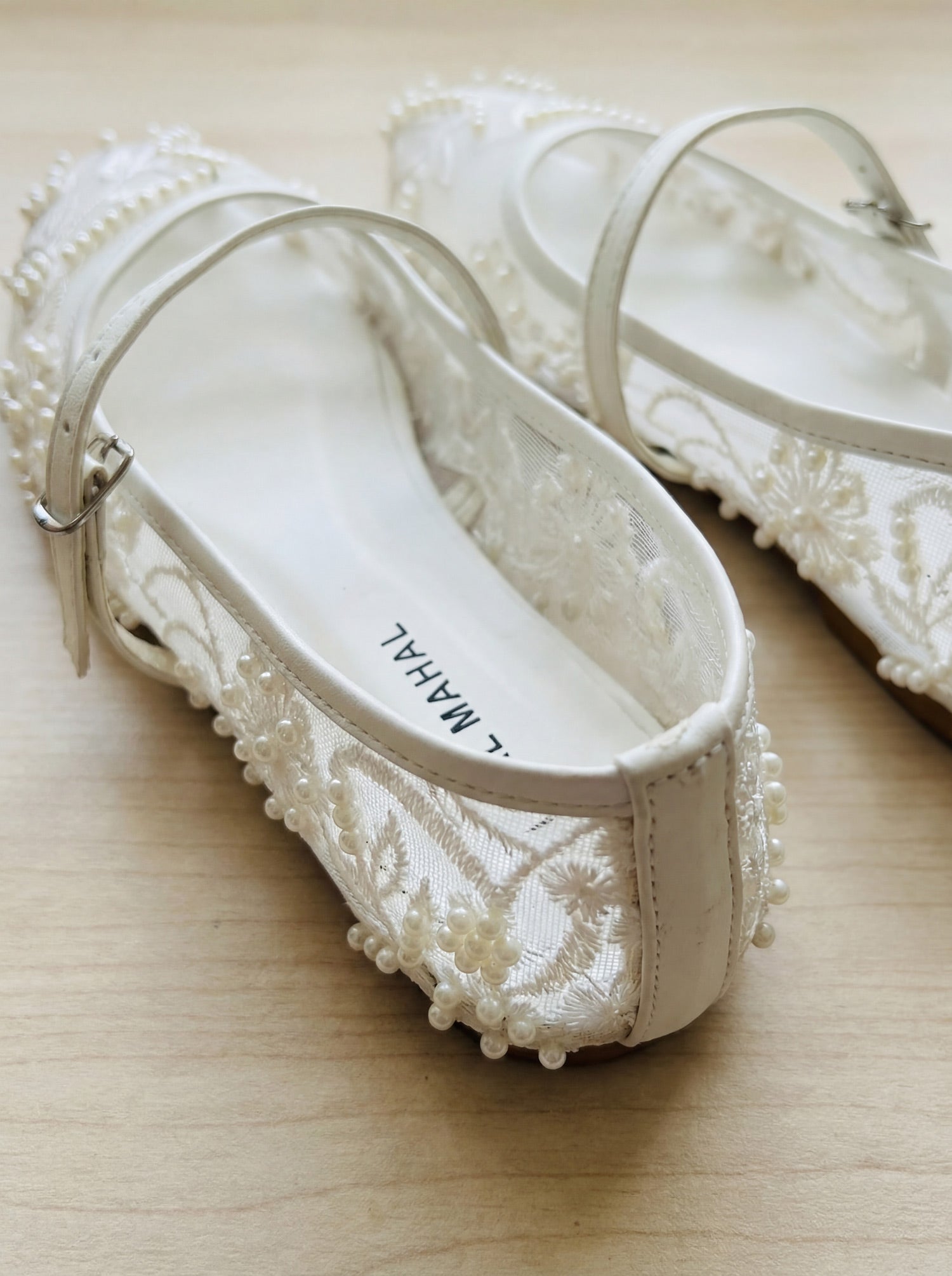 White embroidered mesh ballerina flat shoes back view – Laal Mahal Pakistan