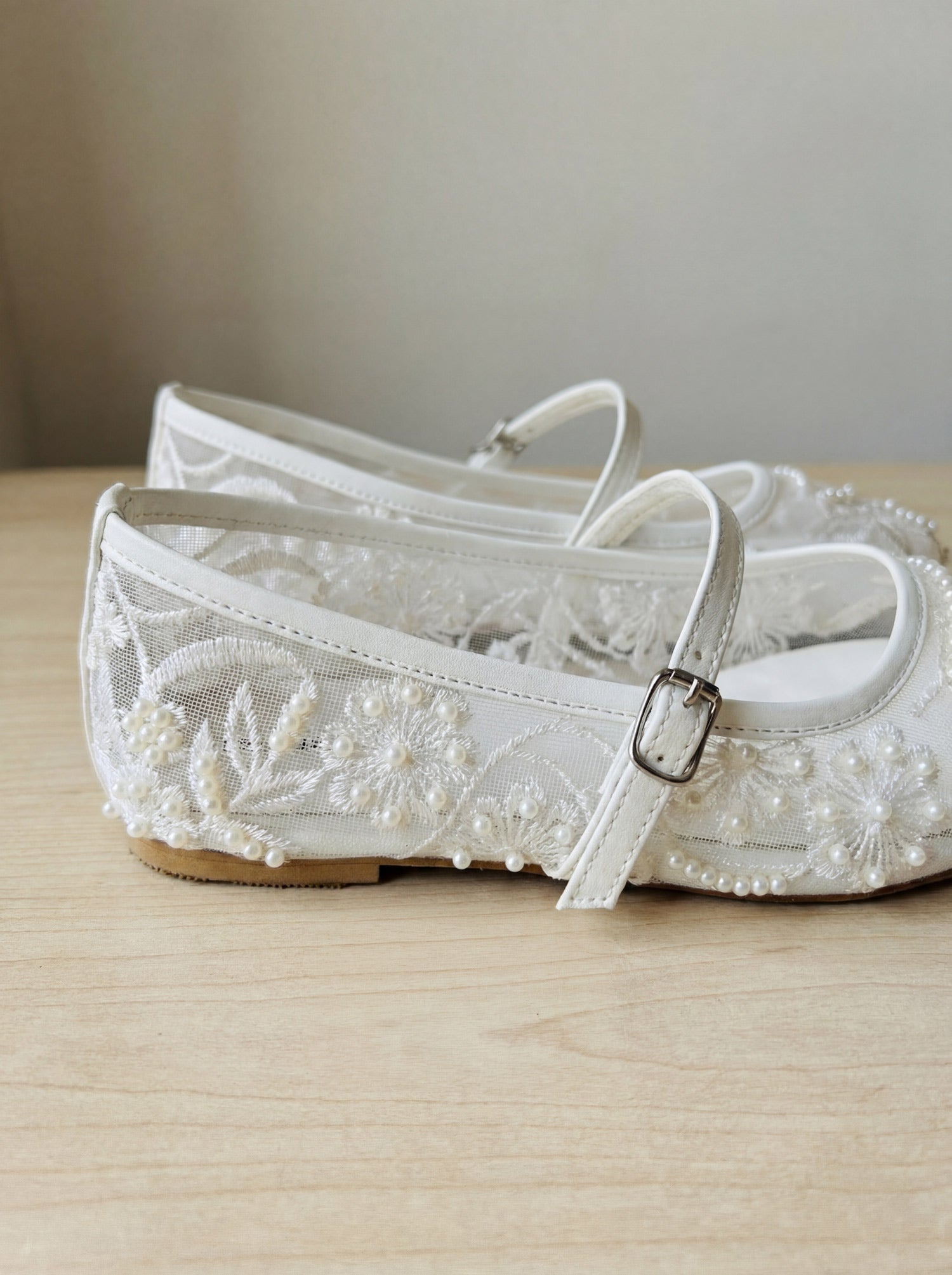 White embroidered mesh ballerinas side view double buckle strap – Laal Mahal Pakistan