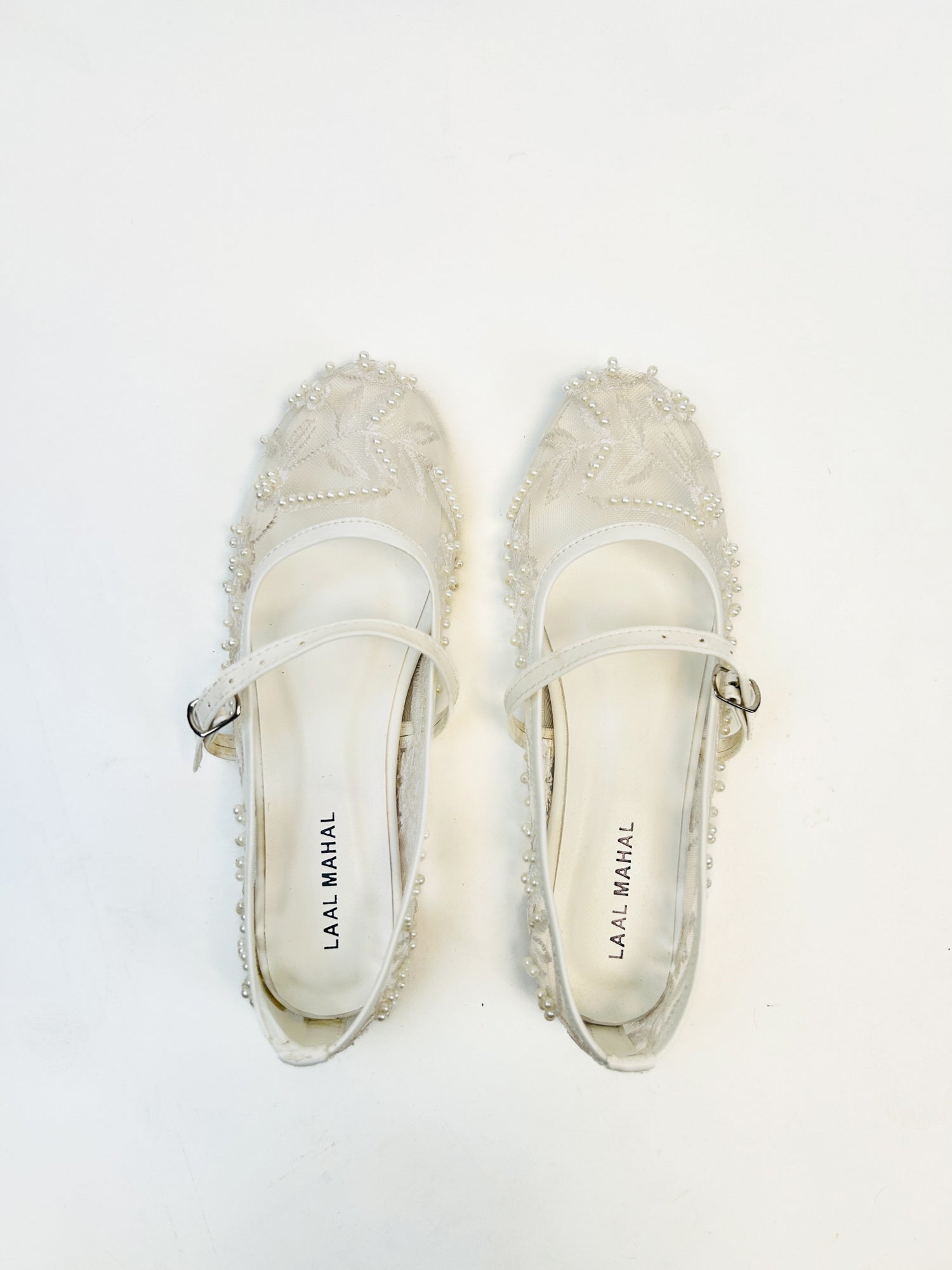 White embroidered mesh ballerina flat shoes top view – Laal Mahal Pakistan