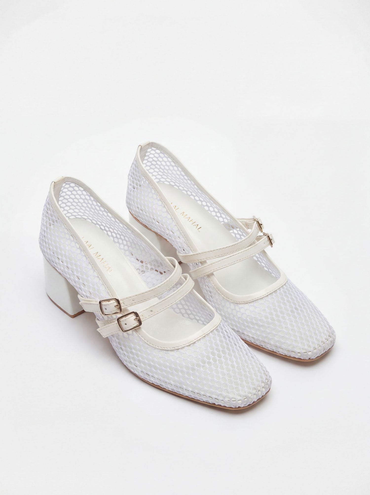 White mesh block heels single shoe white background Pakistan — Laal Mahal
