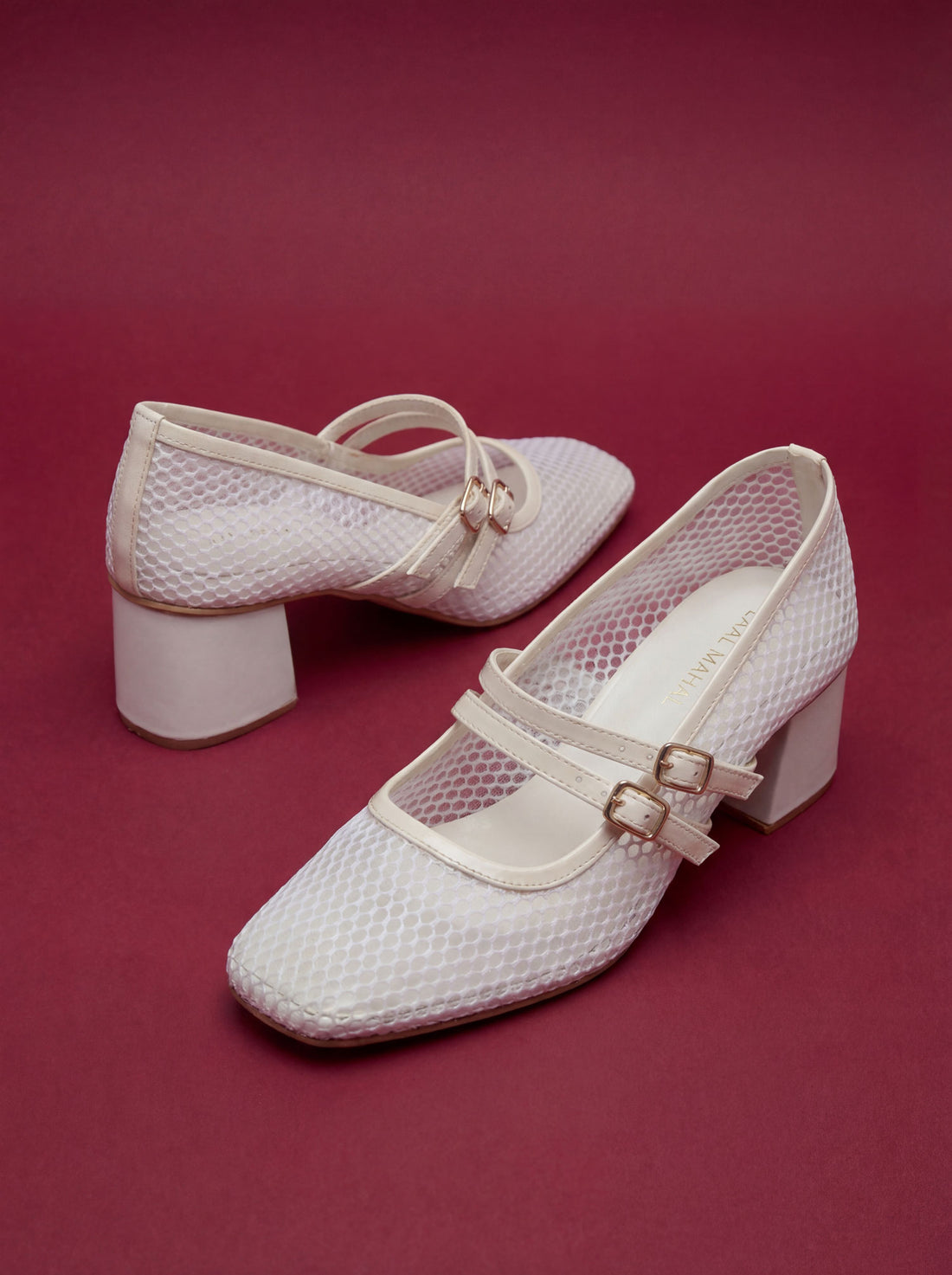 White mesh double buckle block heels flat lay Pakistan — Laal Mahal
