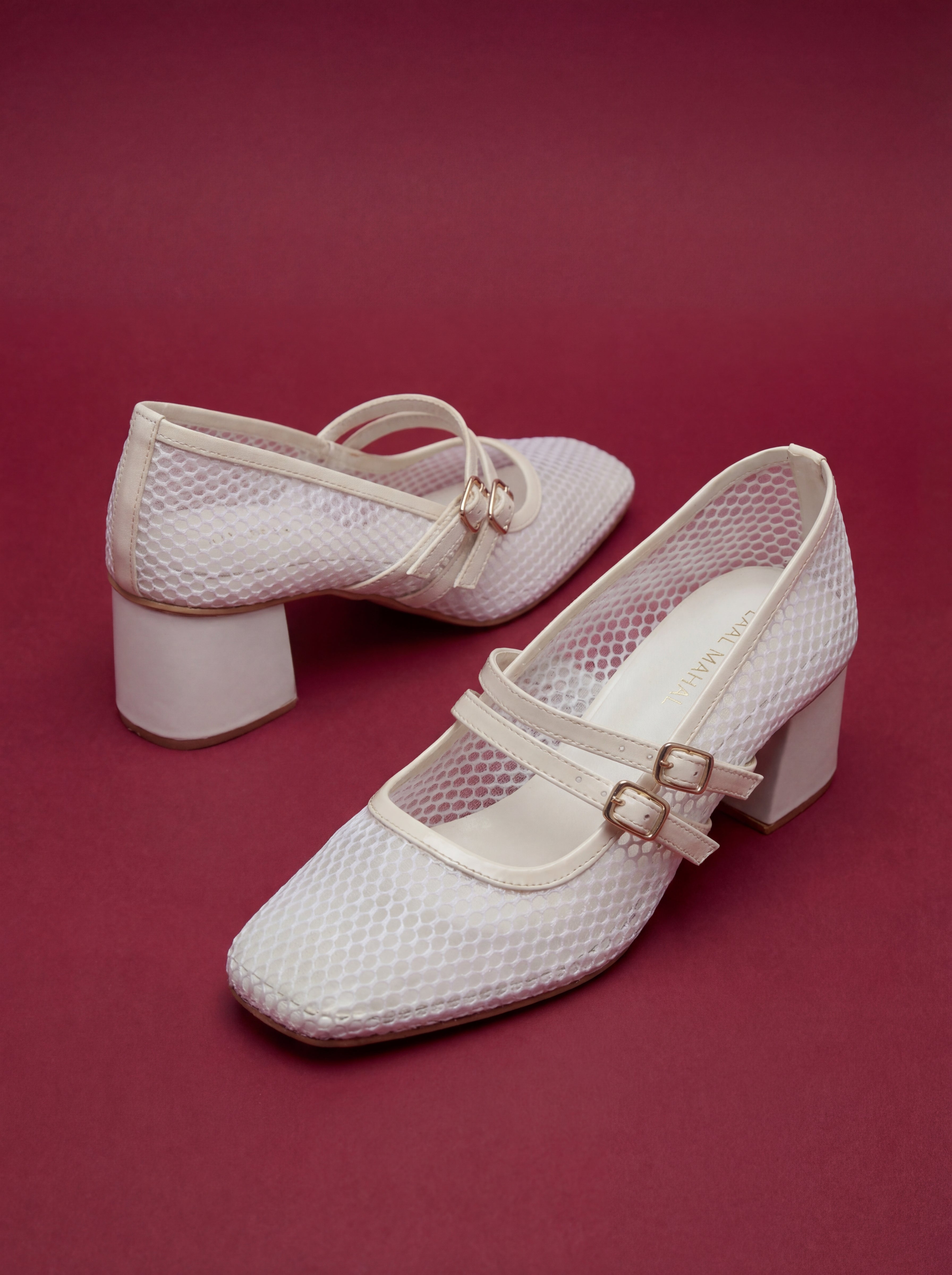 White Mesh Block Heels