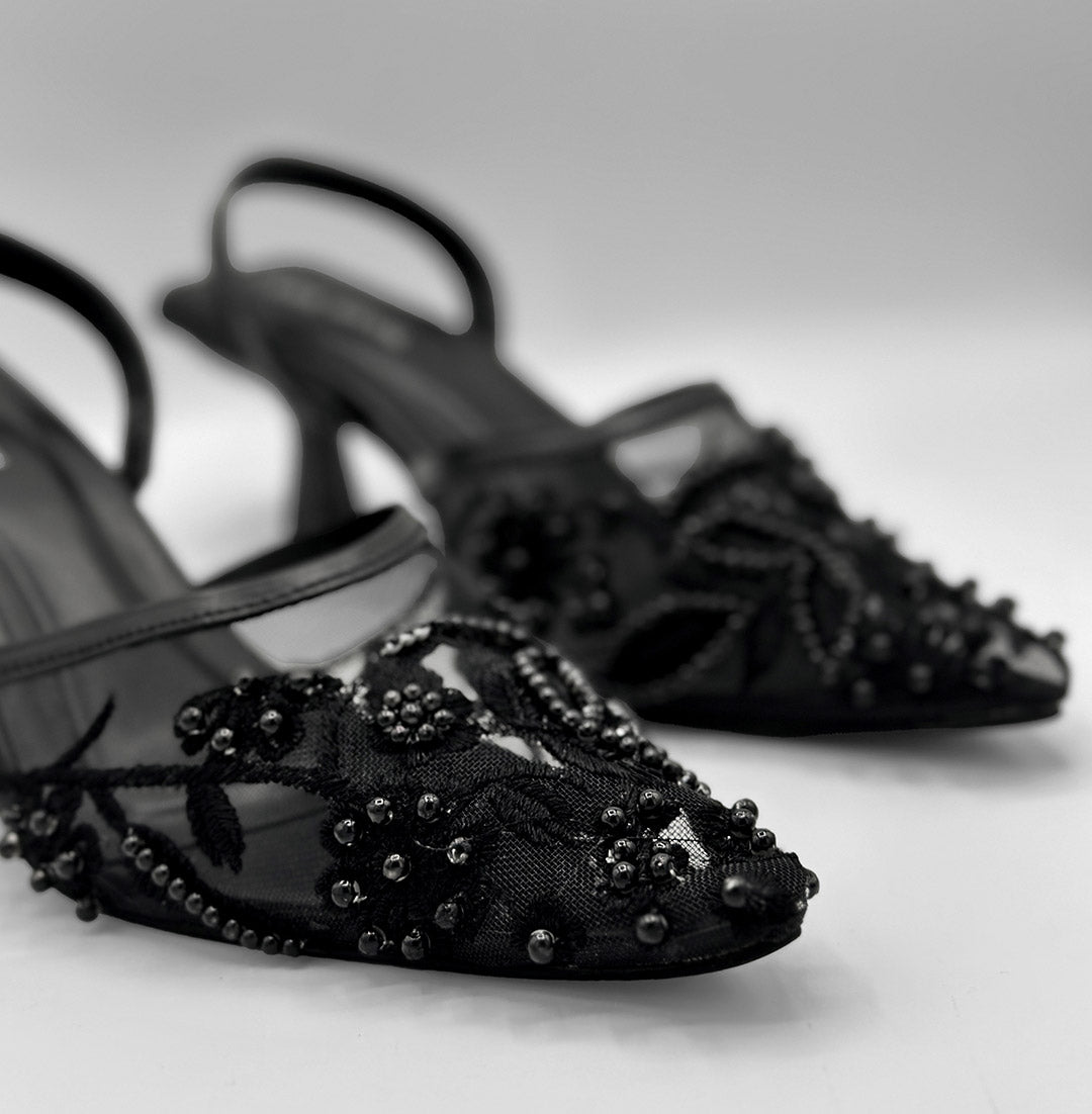 Zivah black floral embellished slingback heels detail close up Pakistan — Laal Mahal