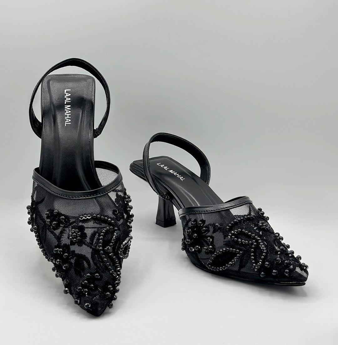 Zivah black embellished slingback heels front view Pakistan — Laal Mahal