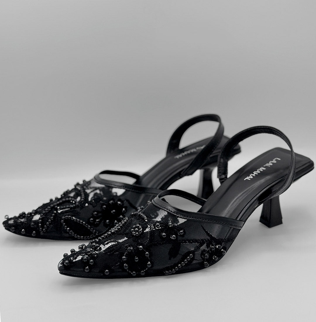 Zivah black embellished slingback heels pair angled view Pakistan — Laal Mahal
