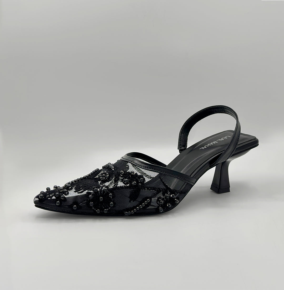 Zivah black floral embellished mesh slingback kitten heels single side studio view Pakistan — Laal Mahal