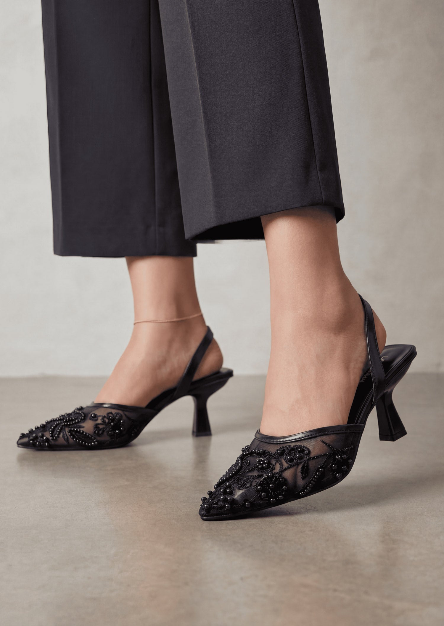 Zivah black embellished slingback heels worn with grey trousers Pakistan — Laal Mahal